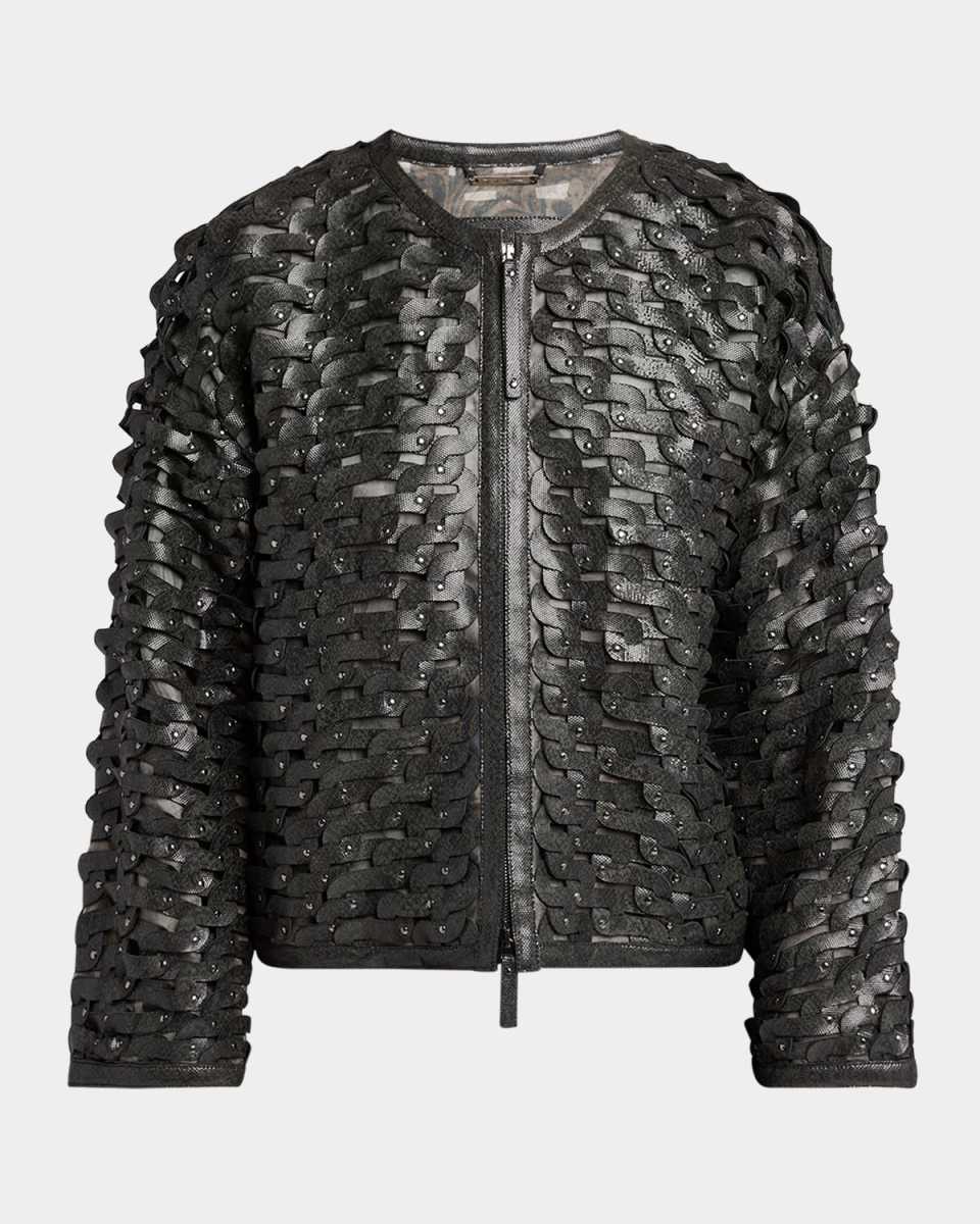 Beaded Woven Snake-Embossed Leather Zip Jacket